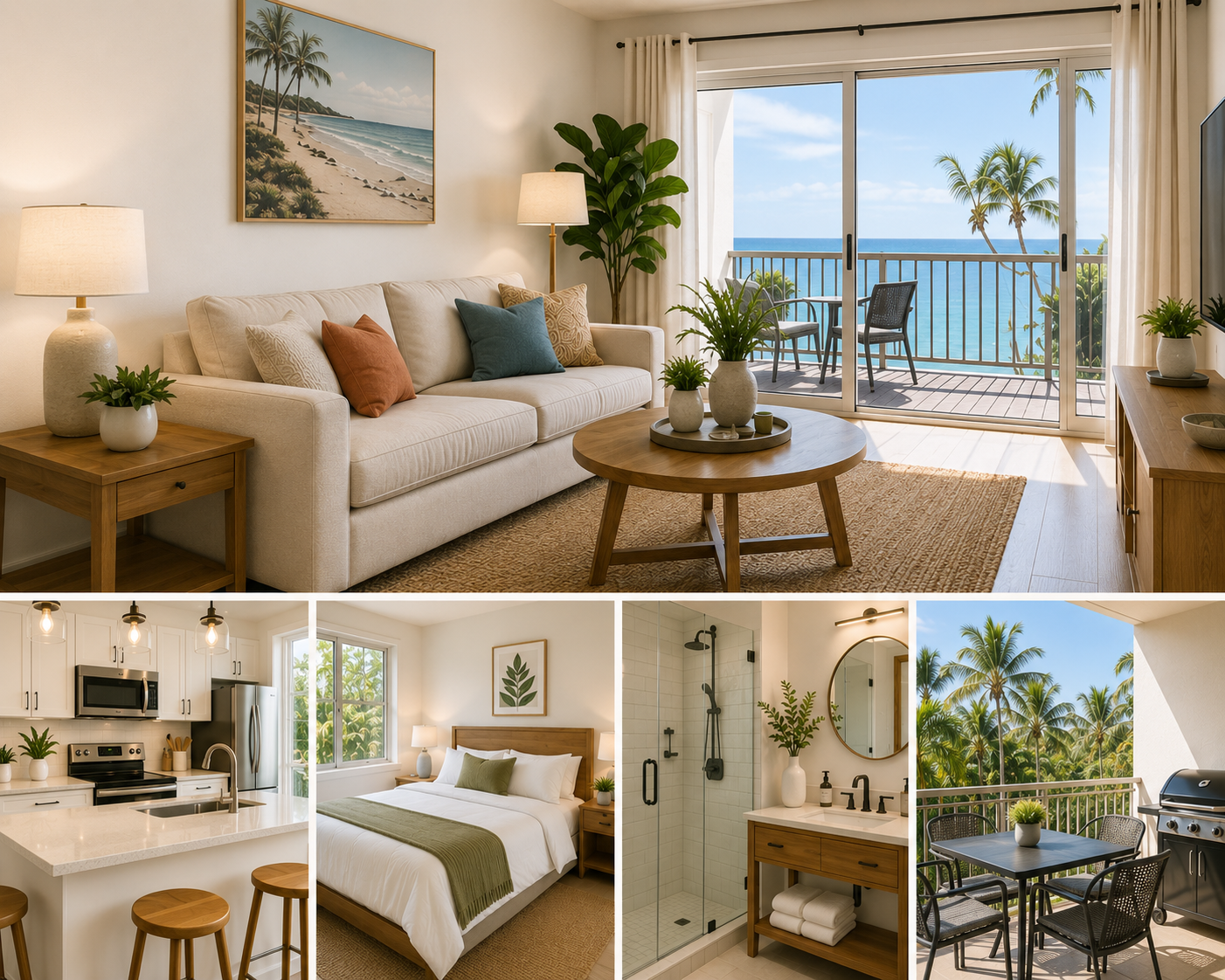 Hotel-grade short-term rental turnover, made bed and staged living room